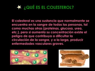 El colesterol es una sustancia que normalmente se encuentra en la sangre de todas las personas, tal como muchas otras (proteinas, glucosa, urea, etc.), pero si aumenta su concentración existe el peligro de que contribuya a dificultar la circulación de la sangre, y a la larga, producir enfermedades vasculares graves.   ¿QUÉ ES EL COLESTEROL? 