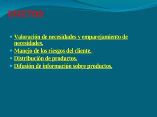 EFECTOS Valoración de necesidades y emparejamiento de necesidades.   Manejo de los riesgos del cliente.   Distribución de productos.   Difusión de información sobre productos.   