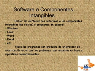 Software o Componentes Intangibles   Hablar de  Software  nos referimos a los componentes intangibles (no físicos) o programas en general:  Windows  Linux  Word  Excel  etc.  Todos los programas son producto de un proceso de construcción en el cual los problemas son resueltos en base a algoritmos computacionales.   