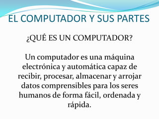 EL COMPUTADOR Y SUS PARTES
¿QUÉ ES UN COMPUTADOR?
Un computador es una máquina
electrónica y automática capaz de
recibir, procesar, almacenar y arrojar
datos comprensibles para los seres
humanos de forma fácil, ordenada y
rápida.
 