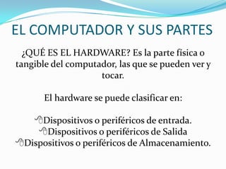 EL COMPUTADOR Y SUS PARTES
¿QUÉ ES EL HARDWARE? Es la parte física o
tangible del computador, las que se pueden ver y
tocar.
El hardware se puede clasificar en:
Dispositivos o periféricos de entrada.
Dispositivos o periféricos de Salida
Dispositivos o periféricos de Almacenamiento.
 