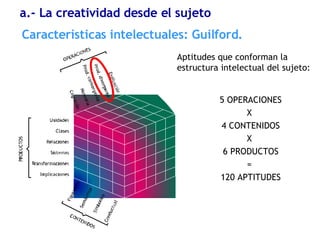 Características  intelectuales: Guilford. a.- La creatividad desde el sujeto 5 OPERACIONES X  4 CONTENIDOS X  6 PRODUCTOS =  120 APTITUDES Aptitudes que conforman la estructura intelectual del sujeto: 