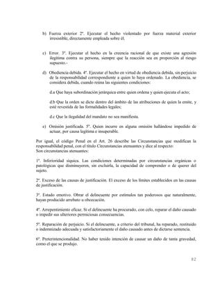 b) Fuerza exterior 2º. Ejecutar el hecho violentado por fuerza material exterior
      irresistible, directamente empleada sobre él.


   c) Error. 3º. Ejecutar el hecho en la creencia racional de que existe una agresión
      ilegítima contra su persona, siempre que la reacción sea en proporción al riesgo
      supuesto.-

   d) Obediencia debida. 4º. Ejecutar el hecho en virtud de obediencia debida, sin perjuicio
      de la responsabilidad correspondiente a quien lo haya ordenado. La obediencia, se
      considera debida, cuando reúna las siguientes condiciones:

        d.a Que haya subordinación jerárquica entre quien ordena y quien ejecuta el acto;

        d.b Que la orden se dicte dentro del ámbito de las atribuciones de quien la emite, y
        esté revestida de las formalidades legales;

        d.c Que la ilegalidad del mandato no sea manifiesta.

   e) Omisión justificada. 5º. Quien incurre en alguna omisión hallándose impedido de
      actuar, por causa legítima e insuperable.

Por igual, el código Penal en el Art. 26 describe las Circunstancias que modifican la
responsabilidad penal, con el título Circunstancias atenuantes y dice al respecto:
Son circunstancias atenuantes:

1º. Inferioridad síquica. Las condiciones determinadas por circunstancias orgánicas o
patológicas que disminuyeren, sin excluirla, la capacidad de comprender o de querer del
sujeto.

2º. Exceso de las causas de justificación. El exceso de los límites establecidos en las causas
de justificación.

3º. Estado emotivo. Obrar el delincuente por estímulos tan poderosos que naturalmente,
hayan producido arrebato u obcecación.

4º. Arrepentimiento eficaz. Si el delincuente ha procurado, con celo, reparar el daño causado
o impedir sus ulteriores permiciosas consecuencias.

5º. Reparación de perjuicio. Si el delincuente, a criterio del tribunal, ha reparado, restituido
o indemnizado adecuada y satisfactoriamente el daño causado antes de dictarse sentencia.

6º. Preterintencionalidad. No haber tenido intención de causar un daño de tanta gravedad,
como el que se produjo.


                                                                                             82
 