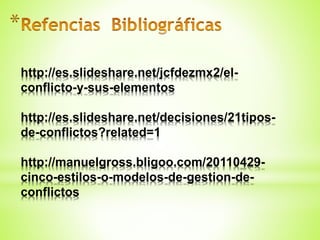 *
http://es.slideshare.net/jcfdezmx2/el-
conflicto-y-sus-elementos
http://es.slideshare.net/decisiones/21tipos-
de-conflictos?related=1
http://manuelgross.bligoo.com/20110429-
cinco-estilos-o-modelos-de-gestion-de-
conflictos
 