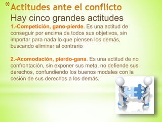 *
Hay cinco grandes actitudes
1.-Competición, gano-pierde. Es una actitud de
conseguir por encima de todos sus objetivos, sin
importar para nada lo que piensen los demás,
buscando eliminar al contrario
2.-Acomodación, pierdo-gana. Es una actitud de no
confrontación, sin exponer sus meta, no defiende sus
derechos, confundiendo los buenos modales con la
cesión de sus derechos a los demás.
 