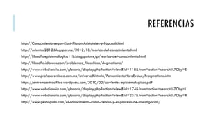 REFERENCIAS
http://Conocimiento-segun-Kant-Platon-Aristoteles-y-Foucault.html
http://orientas2012.blogspot.mx/2012/10/teorias-del-conocimiento.html
http://filosofiaepistemologica11b.blogspot.mx/p/teorias-del-conocimiento.html
http://filosofia.idoneos.com/problemas_filosoficos/dogmatismo/
http://www.webdianoia.com/glosario/display.php?action=view&id=118&from=action=search%7Cby=E
http://www.profesorenlinea.com.mx/universalhistoria/PensamientoHbreEvoluc/Pragmatismo.htm
https://entremaestros.files.wordpress.com/2010/02/corrientes-epistemologicas.pdf
http://www.webdianoia.com/glosario/display.php?action=view&id=174&from=action=search%7Cby=I
http://www.webdianoia.com/glosario/display.php?action=view&id=257&from=action=search%7Cby=R
http://www.gestiopolis.com/el-conocimiento-como-ciencia-y-el-proceso-de-investigacion/
 