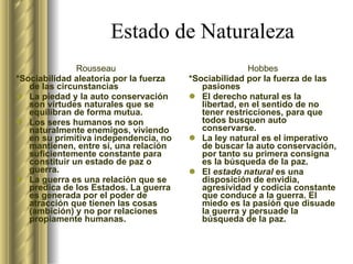 Estado de Naturaleza Rousseau *Sociabilidad aleatoria por la fuerza de las circunstancias La piedad y la auto conservación  son virtudes naturales que se equilibran de forma mutua. Los seres humanos no son naturalmente enemigos, viviendo en su primitiva independencia, no mantienen, entre sí, una relación suficientemente constante para constituir un estado de paz o guerra. La guerra es una relación que se predica de los Estados. La guerra es generada por el poder de atracción que tienen las cosas (ambición) y no por relaciones propiamente humanas.  Hobbes *Sociabilidad por la fuerza de las pasiones El derecho natural es la libertad,  en el sentido de no tener restricciones,   para que todos busquen auto   conservarse. La ley natural es el imperativo de buscar la auto conservación, por tanto su primera consigna es la búsqueda de la paz. El  estado natural  es una disposición de envidia, agresividad y codicia constante que conduce a la guerra. El miedo es la pasión que disuade la guerra y persuade la búsqueda de la paz.  