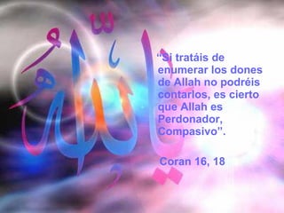 “ Si tratáis de enumerar los dones de Allah no podréis contarlos, es cierto que Allah es Perdonador, Compasivo”.  Coran 16, 18 