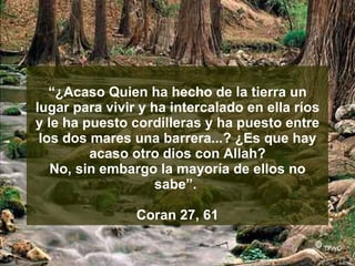 “ ¿Acaso Quien ha hecho de la tierra un lugar para vivir y ha intercalado en ella ríos y le ha puesto cordilleras y ha puesto entre los dos mares una barrera...? ¿Es que hay acaso otro dios con Allah? No, sin embargo la mayoría de ellos no sabe”.  Coran 27, 61 