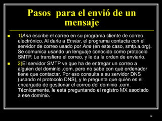 Pasos para el envió de un
mensaje
 1)Ana escribe el correo en su programa cliente de correo
electrónico. Al darle a Enviar, el programa contacta con el
servidor de correo usado por Ana (en este caso, smtp.a.org).
Se comunica usando un lenguaje conocido como protocolo
SMTP. Le transfiere el correo, y le da la orden de enviarlo.
 2)El servidor SMTP ve que ha de entregar un correo a
alguien del dominio .com, pero no sabe con qué ordenador
tiene que contactar. Por eso consulta a su servidor DNS
(usando el protocolo DNS), y le pregunta que quién es el
encargado de gestionar el correo del dominio .com.
Técnicamente, le está preguntando el registro MX asociado
a ese dominio.
14
 