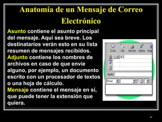 Anatomía de un Mensaje de Correo
Electrónico
Asunto contiene el asunto principal
del mensaje. Aquí sea breve. Los
destinatarios verán esto en su lista
resumen de mensajes recibidos.
Adjunto contiene los nombres de
archivos en caso de que envíe
alguno, por ejemplo, un documento
escrito con un procesador de textos
o una hoja de cálculo.
Mensaje contiene el mensaje en sí,
que puede tener la extensión que
quiera.
37
 