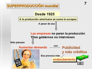 SUPERPRODUCCIÓN mundial Desde 1925 Las empresas  no paran la producción Y los gobiernos no intervienen Aumentar demanda Publicidad y más créditos A la producción americana se suma la europea A pesar de eso endeudamiento 7 Sólo piensan con Eso provoca más 