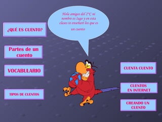 Hola amigos del 2°C ni nombre es Iago y en esta clases te enseñaré los que es un cuento   ¿QUÉ ES CUENTO? TIPOS DE CUENTOS VOCABULARIO CUENTA CUENTO CUENTOS  EN INTERNET CREANDO UN  CUENTO Partes de un cuento 