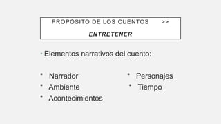 PROPÓSITO DE LOS CUENTOS >>
ENTRETENER
• Elementos narrativos del cuento:
* Narrador * Personajes
* Ambiente * Tiempo
* Acontecimientos
 