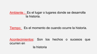 Ambiente : Es el lugar o lugares donde se desarrolla
la historia.
Tiempo: Es el momento de cuando ocurre la historia.
Acontecimientos: Son los hechos o sucesos que
ocurren en
la historia
 