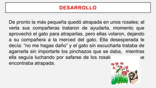 DESARROLLO
De pronto la más pequeña quedó atrapada en unos rosales; al
verla sus compañeras trataron de ayudarla, momento que
aprovechó el gato para atraparlas, pero ellas volaron, dejando
a su compañera a la merced del gato. Ella desesperada le
decía: “no me hagas daño” y el gato sin escucharla trataba de
agarrarla sin importarle los pinchazos que se daba, mientras
ella seguía luchando por safarse de los rosales en donde se
encontraba atrapada.
 