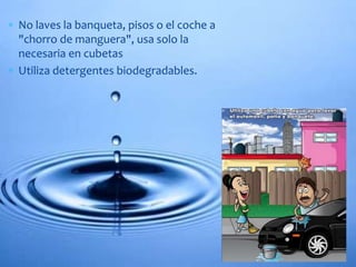  No laves la banqueta, pisos o el coche a 
"chorro de manguera", usa solo la 
necesaria en cubetas 
 Utiliza detergentes biodegradables. 
 