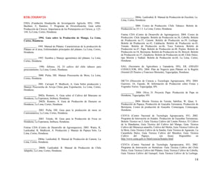 14
B
BI
IB
BL
LI
IO
OG
GR
RA
AF
FI
IA
A
FHIA, (Fundación Hondureña de Investigación Agrícola, HN). 1994.
. 2004c. Lardizabal, R. Manual de Producción de Zucchini, La
Lima, Cortes, Honduras.
Buchner, E; Ramírez, T. Programa de Diversificación. Guía sobre . 2004. Costos de Producción: Chile Tabasco. Boletín de
Producción de Cítricos: Importancia de los Portainjertos en Cítricos, p. 125-
144, La Lima, Cortes, Honduras.
. 1994. Guía sobre la Producción de Mango, La Lima,
Cortes, Honduras.
. 1995. Manual de Plátano: Características de la producción de
Plátano en el área, Enfermedades principales del plátano, La Lima, Cortes,
Honduras.
. 1995. Siembra y Manejo agronómico del plátano, La Lima,
Cortes, Honduras.
. 1996. Alfonso, JA. El cultivo del chile tabasco para
procesamiento, La Lima, Cortes, Honduras.
. 2000. Picha, DH. Manejo Poscosecha de Mora, La Lima,
Cortes, Honduras.
. 2001. Carvajal, P; Medlicott, A; Guía Sobre producción y
Manejo Poscosecha de Arveja China para Exportación, La Lima, Cortes,
Honduras.
. 2002a. Romero, A. Guía sobre el Cultivo del Manzano en
Honduras, La Esperanza, Intibuca, Honduras.
Producción no.35:1-3. La Lima, Cortes, Honduras.
Fintrac CDA (Centro de Desarrollo de Agronegocios), 2004. Costos de
Producción: Chile Jalapeño. Boletín de Producción no.36, Cebolla. Boletín
de Producción no.37, Camote. Boletín de Producción no.39, Lechuga.
Boletín de Producción no.43, Calabacita. Boletín de Producción no.45,
Tomate. Boletín de Producción no.46, Yuca Valencia. Boletín de
Producción no.47, Papa. Boletín de Producción no.48, Pepino. Boletín de
Producción no.54, Berenjena. Boletín de Producción no.56, Brócoli. Boletín
de Producción no.57, Zanahoria. Boletín de Producción no.60, Chile Dulce,
tipo Morrón y Nathali. Boletín de Producción no.64, La Lima, Cortes,
Honduras.
SAG, (Secretaria de Agricultura y Ganadería, HN), ER, (ERAZO
CONSULTOR, HN). 2004. Plan de Negocio para Plátano en la Región
Oriental (El Paraíso y Francisco Morazán), Tegucigalpa, Honduras.
DICTA (Dirección de Ciencia y Tecnología Agropecuaria, HN). 2004.
Guerrero, JA; Fajardo, M. Información de Producción sobre Frutas y
Vegetales Varios. Tegucigalpa, HN.
. 2004. Oliva, D. Proyecto Papa: Producción de Papa en
Honduras, Tegucigalpa, HN.
. 2002b. Romero, A. Guía de Producción de Durazno en . 2004. Misión Técnica de Taiwán, Sabillon, W; Quan, S.
Honduras, La Lima, Cortes, Honduras.
. 2003. Picha, DH. Guía para la producción de mora en
Centroamérica, La Lima, Cortes, Honduras.
. 2003. Toledo, M. Guía para la Producción de Fresa en
Honduras, La Esperanza, Intibuca, Honduras.
Fintrac CDA (Centro de Desarrollo de Agronegocios), 2003. Wates, R;
Lardizabal, R; Medlicott, A. Producción y Manejo de Papaya Solo, La
Lima, Cortes, Honduras.
. 2004a. Lardizabal, R. Manual de Producción de Camote, La
Lima, Cortes, Honduras.
. 2004b. Lardizabal, R. Manual de Producción de Chile
Jalapeño, La Lima, Cortes, Honduras.
Producción de Papaya, Producción de Guayaba Taiwanesa, Producción de
Berenjena, Costos de producción de Guayaba. Comayagua, Comayagua,
Honduras.
CENTA (Centro Nacional de Tecnología Agropecuaria, SV). 2002.
Programa de Innovación en frutales: Producción de Guayabas Taiwanesas,
Boletín Técnico no.5, Guía Técnica Cultivo del Limón Pérsico, El Cultivo
de la Mandarina, Guía Técnica del Cultivo del Mango, Guía Técnica
Cultivo del Maracuya amarillo, Cultivo del Melón, Guía Técnica Cultivo de
la Mora, Guía Técnica Cultivo de la Sandia, Guía Técnica de Aguacate, La
Carambola Dulce, Guía Técnica Cultivo del Marañon, Guía Técnica
Cultivo del Papayo, (en linea). Disponibles en
http://www.centa.gob.sv//html/ciencia/frutales.html
CENTA (Centro Nacional de Tecnología Agropecuaria, SV). 2002.
Programa de Innovación en Hortalizas: Guía Técnica Cultivo del Chile
Dulce, Guía Técnica Cultivo del Plátano, Guía Técnica Cultivo de Cebolla,
Guía Técnica Cultivo del Guisquil, Guía Técnica Cultivo de la Lechuga,
 