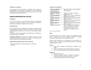 6
Cuidados en el transporte
Si las plántulas han sido producidas en bandejas, deben transportarse
cuidadosamente con el propósito de no dañarlas, y que se conserven en
buen estado hasta el momento del transplante. Deben colocarse en un lugar
sombreado cerca del terreno definitivo.
M
M
M
MA
A
A
AN
N
N
NE
E
E
EJ
J
J
JO
O
O
O A
A
A
AG
G
G
GR
R
R
RO
O
O
ON
N
N
NO
O
O
OM
M
M
MI
I
I
IC
C
C
CO
O
O
O D
D
D
DE
E
E
EL
L
L
L C
C
C
CU
U
U
UL
L
L
LT
T
T
TI
I
I
IV
V
V
VO
O
O
O
Fertilización
Es la adición de macro y micro nutrientes contenidos en formulaciones
químicas, en el momento oportuno, con el fin de suplir las deficiencias
nutricionales detectadas en los análisis de suelo y foliar.
Análisis del suelo
Para el establecimiento de un programa de fertilización que permita obtener
altas producciones de tomate al menor costo posible, es necesario conocer
la disponibilidad de nutrientes en el suelo; esto se logra mediante análisis
químicos.
El análisis de suelo es la base para las recomendaciones de fertilización y
debe realizarse previo al trasplante.
Fertilización química: De acuerdo con el análisis de suelo y con los
requerimientos nutricionales del cultivo de tomate, la fertilización puede
realizarse siguiendo las recomendaciones siguientes:
Requerimientos nutricionales del Tomate / Manzana:
140 Kg. de Nitrógeno (N2), 40 Kg de Fósforo (P2), 270 Kg. de
Potasio (K).
Programa de Fertilización:
Primera Fertilización
Un mes antes con la
preparación del suelo
Aplicar de 140 qq. / Mz. de estiércol
seco o gallinaza
Segunda Fertilización
8 d.d.t.
Aplicar 4 qq. / Mz. de la fórmula
completa 12-24-12
Tercera Fertilización
15 d.d.t.
Aplicar 3 qq. / Mz. de nitrato de
amonio más 2.5 qq. de cal
Cuarta Fertilización
30 d.d.t.
Aplicar 1.5 qq. / M.z de urea al 46%
más 2.5 qq. de cal
Quinta Fertilización
45 d.d.t.
Aplicar 3 qq. / Mz. de nitrato de
amonio más 2.5 qq. de cal
Sexta Fertilización
60 d.d.t.
Aplicar 1.5 qq. / Mz. de urea al 46%
más 2.5 qq. de cal
A partir de los 10 d.d.t. Iniciar el programa de fertilización
foliar con foliares ricos en Calcio y
Boro antes de la floración y en la
fructificación con Magnesio, Boro y
Potasio
d.d.t. días después de transplante
Riego
El objetivo de aplicar riego en tomate, es suplir las necesidades hídricas del
cultivo, durante todas sus etapas fenológicas, aportando la cantidad
necesaria, la calidad requerida y en el momento oportuno.
Cuando existen problemas por el abastecimiento de agua debido a la
carencia, exceso o variación brusca pueden presentarse las siguientes
sintomatologías en el cultivo:
Exceso:
 Frutos verdes y maduros se rajan debido a la turgencia de las
células.
 Mayor susceptibilidad a enfermedades fungosas y bacteriosas.
 Excesivo crecimiento apical y poco desarrollo del tallo (grosor)
Deficiencia:
 Caída de frutos y flores
 Coloración amarilla a violáceas • Se detiene el crecimiento
vegetativo, específicamente en puntos apical y en el fruto.
 Necrosidad en puntas de hojas y extremos apicales.
 