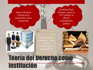 Teoría del Derecho como
institución
francés Hauriou
(Teoría de la
institución y de la
fundación)
el italiano Santi
Romano, quien en
1917 publicó la
obra El
ordenamiento
jurídico
elementos más
esenciales , como
son las
institucionales y
organizativos
 