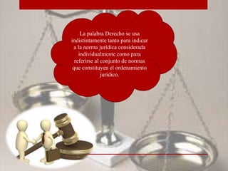 La palabra Derecho se usa
indistintamente tanto para indicar
a la norma jurídica considerada
individualmente como para
referirse al conjunto de normas
que constituyen el ordenamiento
jurídico.
 