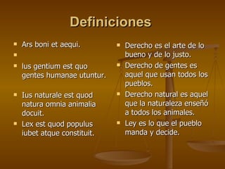 Definiciones   Ars boni et aequi.           lus gentium est quo gentes humanae utuntur.      Ius naturale est quod natura omnia animalia docuit.        Lex est quod populus iubet atque constituit.      Derecho es el arte de lo bueno y de lo justo. Derecho de gentes es aquel que usan todos los pueblos. Derecho natural es aquel que la naturaleza enseñó a todos los animales. Ley es lo que el pueblo manda y decide. 