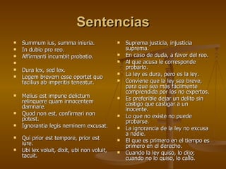 Sentencias Summum ius, summa iniuria. In dubio pro reo.           Affirmanti incumbit probatio.      Dura lex, sed lex.          Legem brevem esse oportet quo facilius ab imperitis teneatur.  Melius est impune delictum relinquere quam innocentem damnare.        Quod non est, confirmari non potest.     Ignorantia legis neminem excusat.          Qui prior est tempore, prior est iure.    Ubi lex voluit, dixit, ubi non voluit, tacuit.          Suprema justicia, injusticia suprema. En caso de duda, a favor del reo.  Al que acusa le corresponde probarlo. La ley es dura, pero es la ley.  Conviene que la ley sea breve, para que sea más fácilmente comprendida por los no expertos. Es preferible dejar un delito sin castigo que castigar a un inocente. Lo que no existe no puede probarse. La ignorancia de la ley no excusa a nadie. El que es primero en el tiempo es primero en el derecho. Cuando la ley quiso, lo dijo; cuando no lo quiso, lo calló. 