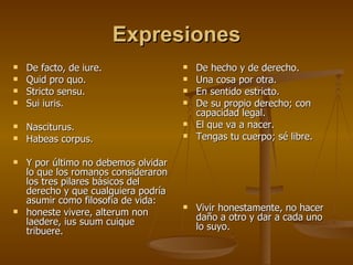 Expresiones De facto, de iure.          Quid pro quo.  Stricto sensu.    Sui iuris.             Nasciturus.       Habeas corpus.              Y por último no debemos olvidar lo que los romanos consideraron los tres pilares básicos del derecho y que cualquiera podría asumir como filosofía de vida:  honeste vivere, alterum non laedere, ius suum cuique tribuere.  De hecho y de derecho. Una cosa por otra.  En sentido estricto. De su propio derecho; con capacidad legal.  El que va a nacer. Tengas tu cuerpo; sé libre. Vivir honestamente, no hacer daño a otro y dar a cada uno lo suyo. 