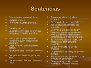 Sentencias














Summum ius, summa iniuria.
In dubio pro reo.         
Affirmanti incumbit probatio.  
 
Dura lex, sed lex.        
Legem brevem esse oportet quo
facilius ab imperitis teneatur.
Melius est impune delictum
relinquere quam innocentem
damnare.      
Quod non est, confirmari non
potest.   
Ignorantia legis neminem excusat.
       
Qui prior est tempore, prior est
iure.   
Ubi lex voluit, dixit, ubi non voluit,
tacuit.         














Suprema justicia, injusticia
suprema.
En caso de duda, a favor del reo.
Al que acusa le corresponde
probarlo.
La ley es dura, pero es la ley.
Conviene que la ley sea breve,
para que sea más fácilmente
comprendida por los no expertos.
Es preferible dejar un delito sin
castigo que castigar a un
inocente.
Lo que no existe no puede
probarse.
La ignorancia de la ley no excusa
a nadie.
El que es primero en el tiempo es
primero en el derecho.
Cuando la ley quiso, lo dijo;
cuando no lo quiso, lo calló.

 