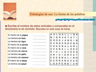 Escribe el nombre de estos animales y comprueba en el diccionario si es correcto.  Búscalos en esta sopa de letras. Estrategias de uso: La forma de las palabras   