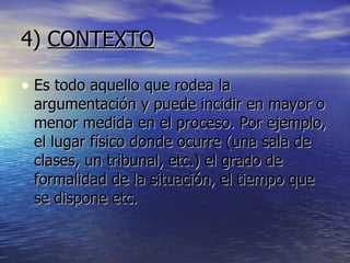 4)  CONTEXTO Es todo aquello que rodea la argumentación y puede incidir en mayor o menor medida en el proceso. Por ejemplo, el lugar físico donde ocurre (una sala de clases, un tribunal, etc.) el grado de formalidad de la situación, el tiempo que se dispone etc. 