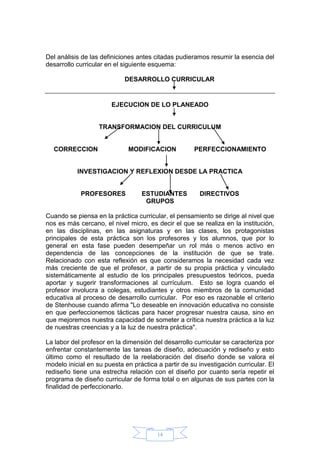 14
Del análisis de las definiciones antes citadas pudieramos resumir la esencia del
desarrollo curricular en el siguiente esquema:
DESARROLLO CURRICULAR
EJECUCION DE LO PLANEADO
TRANSFORMACION DEL CURRICULUM
CORRECCION MODIFICACION PERFECCIONAMIENTO
INVESTIGACION Y REFLEXION DESDE LA PRACTICA
PROFESORES ESTUDIANTES DIRECTIVOS
GRUPOS
Cuando se piensa en la práctica curricular, el pensamiento se dirige al nivel que
nos es más cercano, el nivel micro, es decir el que se realiza en la institución,
en las disciplinas, en las asignaturas y en las clases, los protagonistas
principales de esta práctica son los profesores y los alumnos, que por lo
general en esta fase pueden desempeñar un rol más o menos activo en
dependencia de las concepciones de la institución de que se trate.
Relacionado con esta reflexión es que consideramos la necesidad cada vez
más creciente de que el profesor, a partir de su propia práctica y vinculado
sistemáticamente al estudio de los principales presupuestos teóricos, pueda
aportar y sugerir transformaciones al currículum. Esto se logra cuando el
profesor involucra a colegas, estudiantes y otros miembros de la comunidad
educativa al proceso de desarrollo curricular. Por eso es razonable el criterio
de Stenhouse cuando afirma "Lo deseable en innovación educativa no consiste
en que perfeccionemos tácticas para hacer progresar nuestra causa, sino en
que mejoremos nuestra capacidad de someter a crítica nuestra práctica a la luz
de nuestras creencias y a la luz de nuestra práctica".
La labor del profesor en la dimensión del desarrollo curricular se caracteriza por
enfrentar constantemente las tareas de diseño, adecuación y rediseño y esto
último como el resultado de la reelaboración del diseño donde se valora el
modelo inicial en su puesta en práctica a partir de su investigación curricular. El
rediseño tiene una estrecha relación con el diseño por cuanto sería repetir el
programa de diseño curricular de forma total o en algunas de sus partes con la
finalidad de perfeccionarlo.
 