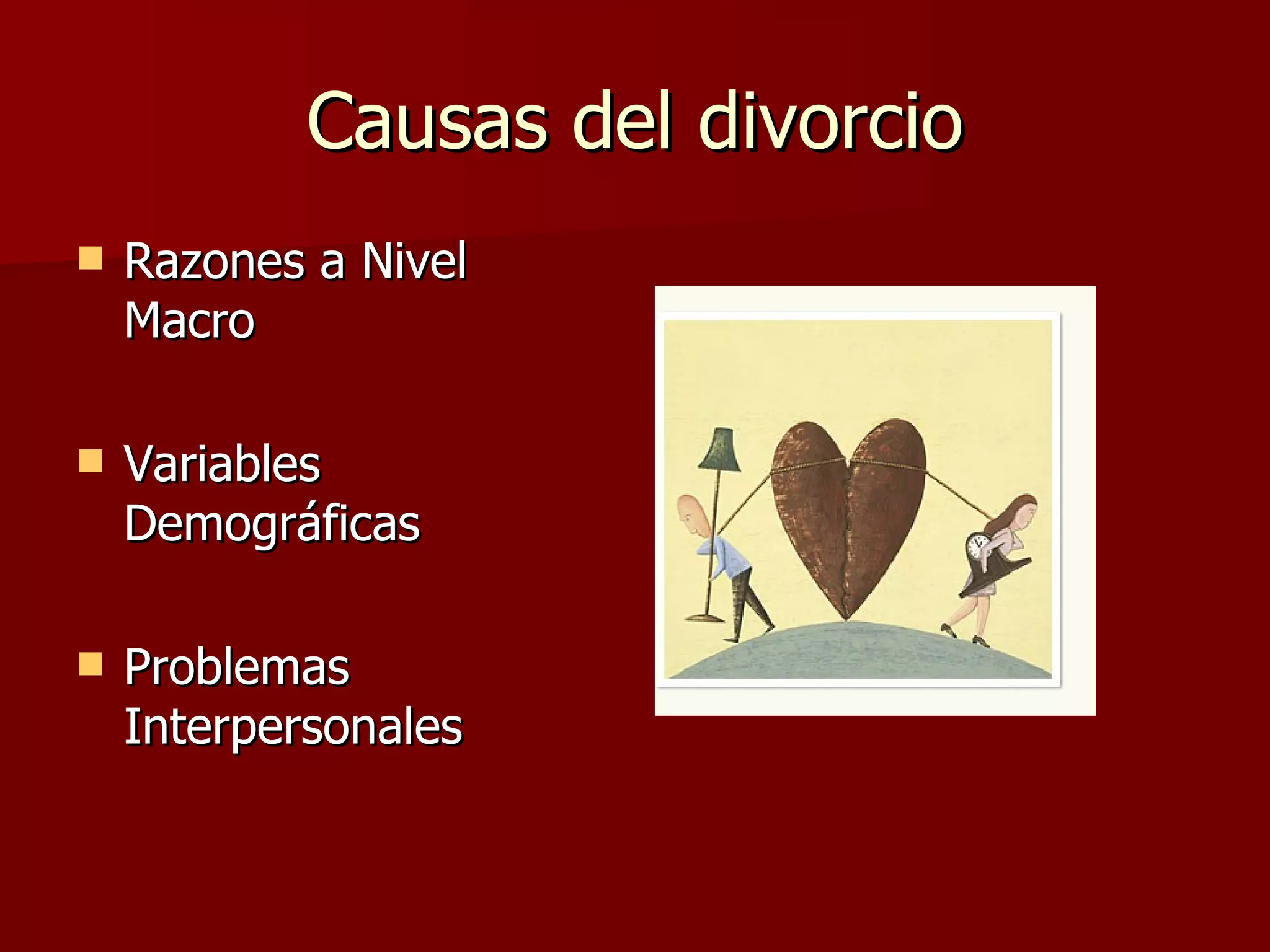 Causas del divorcio Razones a Nivel Macro Variables Demográficas Problemas Interpersonales 
