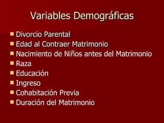 Variables Demográficas Divorcio Parental Edad al Contraer Matrimonio Nacimiento de Niños antes del Matrimonio Raza Educación Ingreso Cohabitación Previa Duración del Matrimonio 