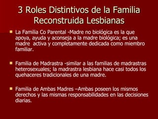 3 Roles Distintivos de la Familia Reconstruida Lesbianas La Familia Co Parental -Madre no biológica es la que apoya, ayuda y aconseja a la madre biológica; es una madre  activa y completamente dedicada como miembro familiar. Familia de Madrastra  - similar a las familias de madrastras heterosexuales; la madrastra lesbiana hace casi todos los quehaceres tradicionales de una madre. Familia de Ambas Madres –Ambas poseen los mismos derechos y las mismas responsabilidades en las decisiones diarias. 