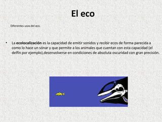 La  ecolocalización  es la capacidad de emitir sonidos y recibir ecos de forma parecida a como lo hace un sónar y que permite a los animales que cuentan con esta capacidad (el delfín por ejemplo),desenvolverse en condiciones de absoluta oscuridad con gran precisión. El eco Diferentes usos del eco. 