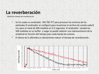 Se ha usado un analizador  SRS 785 FFT para procesar los archivos de las palmadas.El analizador se configuró para muestrear el archivo de sonido cada 8 ms, para un total de 400 medidas en 3.2 segundos. El analizador  salvaba las 500 medidas en un buffer  y luego se puede obtener una representacion de la amplitud en función del tiempo para cada banda de octavas. El efecto de la alfombra es obviamente reducir el tiempo de reverberación . Medición tiempo de reverberación La reverberación 