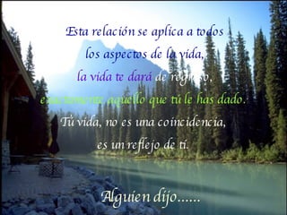 Esta relación se aplica a todos los aspectos de la vida, la vida te dará  de regreso,  exactamente aquello que tú le has dado.  Tú vida, no es una coincidencia,  es un reflejo de tí.  Alguien dijo...... 