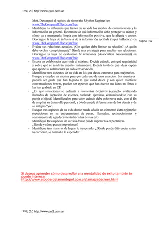 PNL 2.0 http://www.pnl2.com.ar
PNL 2.0 http://www.pnl2.com.ar
Mo). Descargué el registro de ritmo (the Rhythm Register) en
www.TheCompundEffect.com/free
– Identifique la influencia que tienen en su vida los medios de comunicación y la
información en general. Determine de qué información debe proteger su mente y
cómo va a mantenerla limpia con información positiva, que le aliente y apoye.
Descargue la hoja de influencia de la información recibida (Input Influence) en
www.TheCompundEffect.com/free
– Evalúe sus relaciones actuales. ¿Con quiñen debe limitar su relación? ¿A quién
debe excluir completamente? Diseñe una estrategia para ampliar sus relaciones.
Descargue la hoja de evaluación de relaciones (Association Assessment) en
www.TheCompundEffect.com/free
– Escoja un colaborador que rinda al máximo. Decida cuándo, con qué regularidad
y sobre qué se rendirán cuentas mutuamente. Decida también qué ideas espera
que aporte su colaborador en cada conversación.
– Identifique tres aspectos de su vida en los que desea centrarse para mejorarlos.
Busque y emplee un mentor para que cada uno de esos aspectos. Los mentores
pueden ser gente que han logrado lo que usted desea y con quien mantiene
conversaciones breves, pueden ser expertos que han escrito sus ideas en libros o
las han grabado en CD
– ¿En qué situaciones se enfrenta a momentos decisivos (ejemplo: realizando
llamadas de captación de clientes, haciendo ejercicio, comunicándose con su
pareja e hijos)? Identifíquelos para saber cuándo debe esforzarse más, con el fin
de ampliar su desarrollo personal, y dónde puede diferenciarse de los demás y de
su antiguo “yo”.
– Busque tres aspectos de su vida donde pueda añadir un elemento extra (ejemplo:
repeticiones en su entrenamiento de pesas, llamadas, reconocimiento y
sentimientos de agradecimiento hacia los demás ect)
– Identifique tres aspectos de su vida donde puede superar las expectativas.
¿Dónde y cómo puede impresionar?
– Identifique tres maneras de lograr lo inesperado. ¿Dónde puede diferenciar entre
lo corriente, lo normal o lo esperado?
Si deseas aprender cómo desarrollar una mentalidad de éxito también te
puede interesar
http://www.elpoderdelamentepnl.com.ar/lamagiadecreer.html
Página | 52
 
