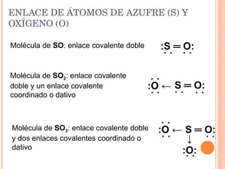 ENLACE DE ÁTOMOS DE AZUFRE (S) Y OXÍGENO (O) Molécula de  SO : enlace covalente doble Molécula de  SO 2 : enlace covalente doble y un enlace covalente coordinado o dativo Molécula de  SO 3 : enlace covalente doble y dos enlaces covalentes coordinado o dativo :S  ═  O: ˙ ˙ ˙ ˙ ˙ ˙ S  ═  O: ˙ ˙ :O  ← ˙ ˙ ˙ ˙ S  ═  O: ˙ ˙ :O  ← ˙ ˙ ˙ ˙ ↓ :O: ˙ ˙ 