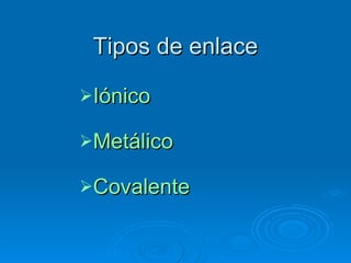 Tipos de enlace Iónico Metálico Covalente 