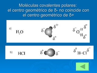 Moléculas covalentes polares:  el centro geométrico de  δ - no coincide con el centro geométrico de  δ + 
