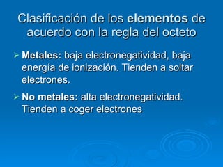 Clasificación de los  elementos  de acuerdo con la regla del octeto Metales:  baja electronegatividad, baja energía de ionización. Tienden a soltar electrones. No metales:  alta electronegatividad. Tienden a coger electrones 
