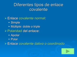 Diferentes tipos de enlace covalente Enlace  covalente normal : Simple Múltiple: doble o triple Polaridad  del enlace: Apolar Polar Enlace  covalente dativo o coordinado  