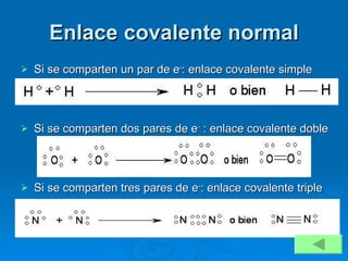Enlace covalente normal Si se comparten un par de e - : enlace covalente simple Si se comparten dos pares de e -  : enlace covalente doble Si se comparten tres pares de e - : enlace covalente triple 