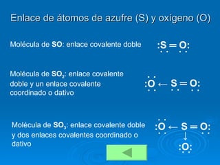 Enlace de átomos de azufre (S) y oxígeno (O) Molécula de  SO : enlace covalente doble Molécula de  SO 2 : enlace covalente doble y un enlace covalente coordinado o dativo Molécula de  SO 3 : enlace covalente doble y dos enlaces covalentes coordinado o dativo :S  ═  O: ˙ ˙ ˙ ˙ ˙ ˙ S  ═  O: ˙ ˙ :O  ← ˙ ˙ ˙ ˙ S  ═  O: ˙ ˙ :O  ← ˙ ˙ ˙ ˙ ↓ :O: ˙ ˙ 