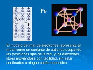                                  El modelo del mar de electrones representa al metal como un conjunto de cationes ocupando las posiciones fijas de la red, y los electrones libres moviéndose con facilidad, sin estar confinados a ningún catión específico Fe 