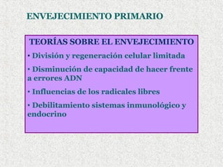 ENVEJECIMIENTO PRIMARIO TEORÍAS SOBRE EL ENVEJECIMIENTO División y regeneración celular limitada Disminución de capacidad de hacer frente a errores ADN Influencias de los radicales libres  Debilitamiento sistemas inmunológico y  endocrino 