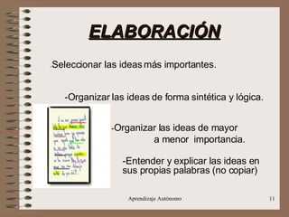 ELABORACIÓN - Seleccionar las ideas más importantes. -Organizar las ideas de forma sintética y lógica. - Organizar las ideas de mayor   a menor  importancia.    -Entender y explicar las ideas en  sus propias palabras (no copiar) 