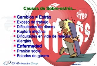Causas de Sobre-estrés... Cambios = Estrés Exceso de trabajo Dificultades de dinero Ruptura afectiva Dificultades en vida de relación Alergias Enfermedad Presión social Estados de guerra 